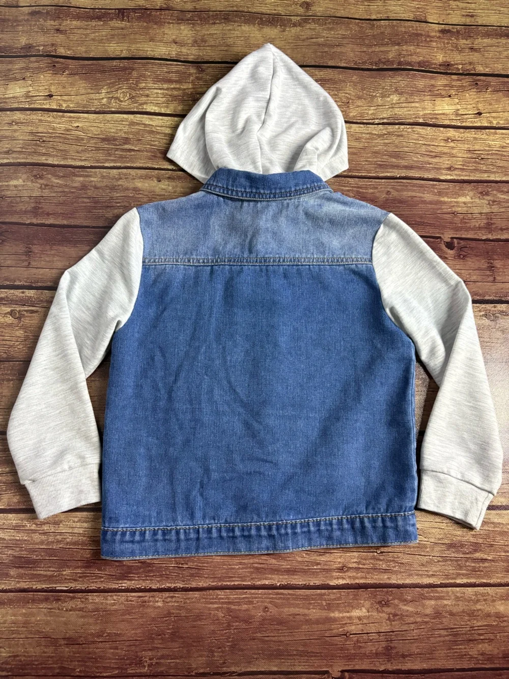 Boy's Blue Denim Jacket with Gray Hoodie Sleeves Size 7Y